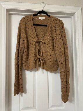 Tie-Front Open Knit Cardigan in Camel